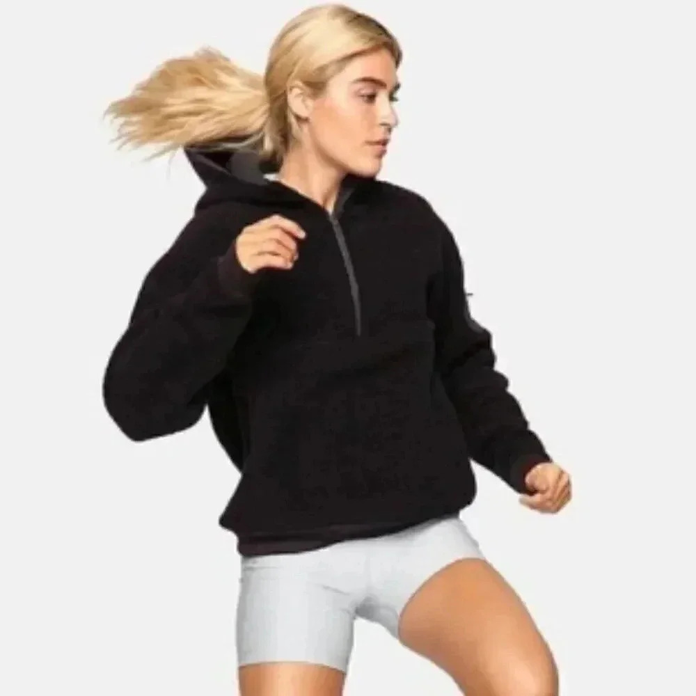 Outdoor Voices Womens XS MegaFleece 1/4 Zip Hoodie Sweatshirt Pockets Black Wool - Picture 1 of 11